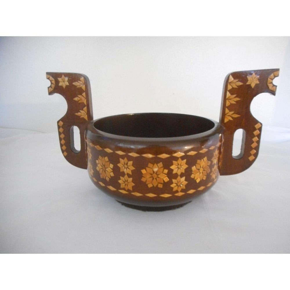 Vintage Russian Folk Art Wood Straw Inlay Bowl